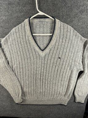 Burberry London Men Gray Pullover Cotton Acrylic V-Neck Logo 7 Long Sleeve Knit